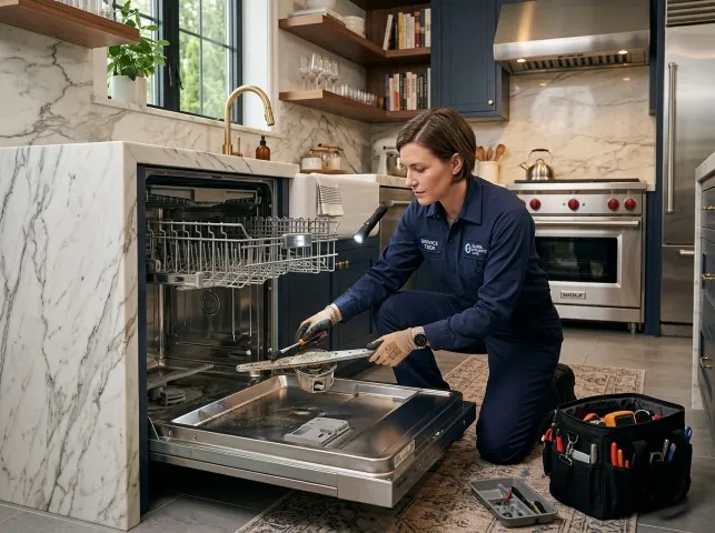 Appliance Repair Hero technician servicing a built-in dishwasher in a Broomall, PA kitchen