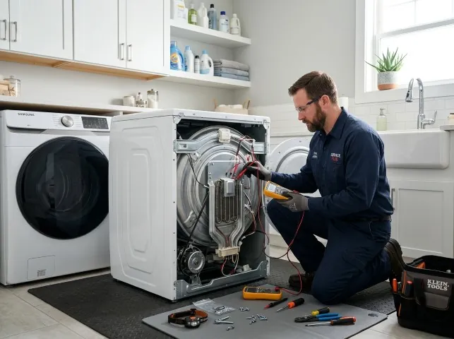 Appliance Repair Hero technician checking a dryer heating element with the rear panel off in Broomall, PA