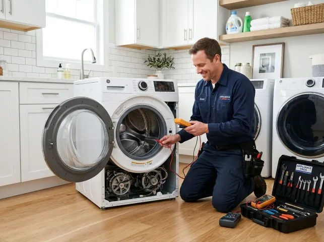 Appliance Repair Hero technician testing a front-load washer with a multimeter on a Broomall, PA service call